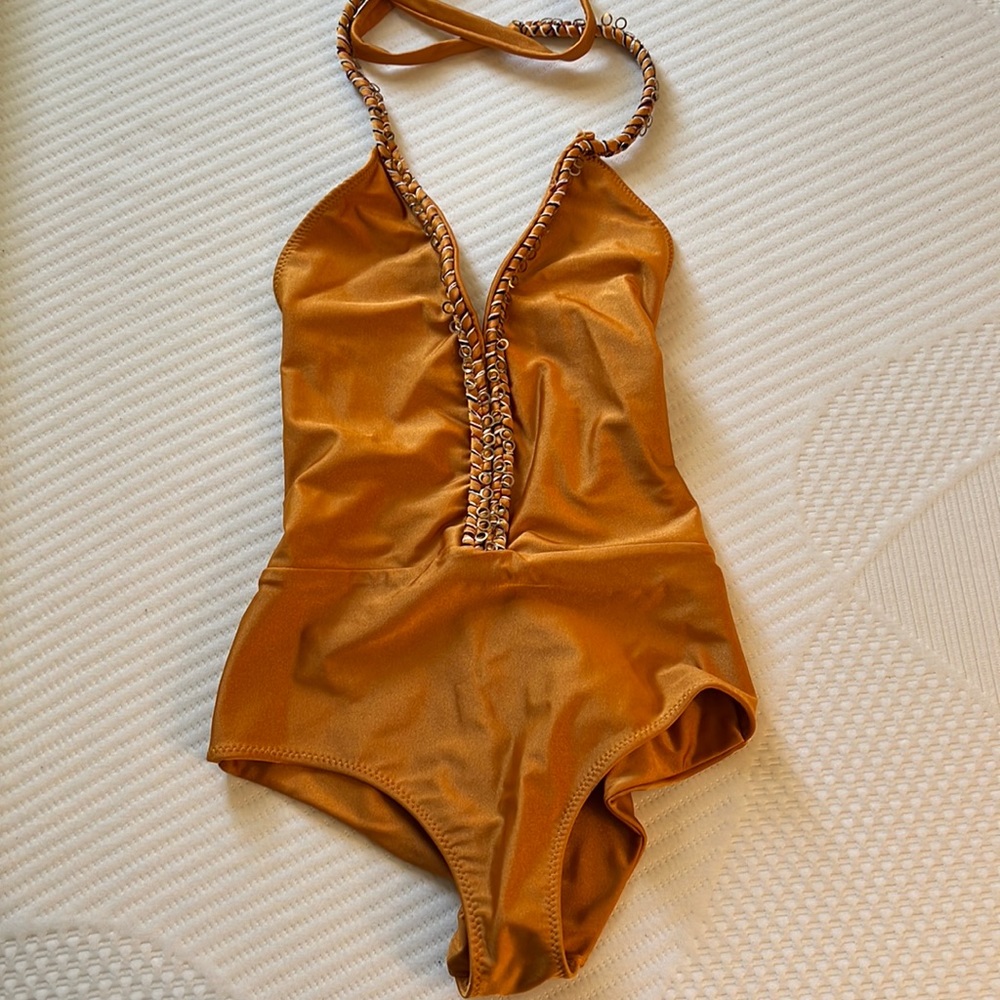 NEW La Sirene one piece swimsuit gold orange braided Medium